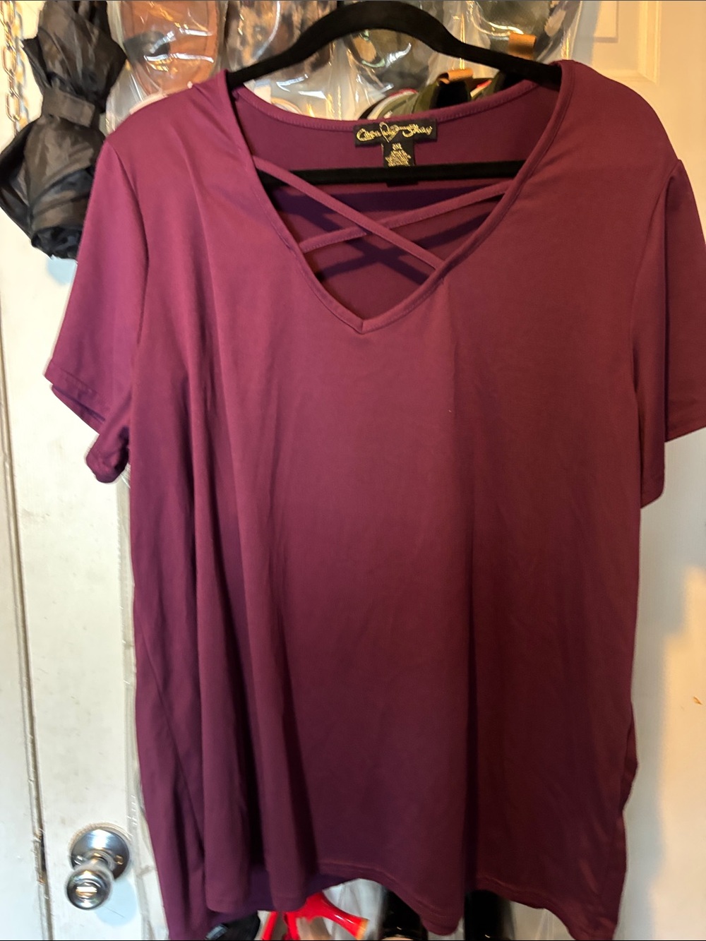 Crisscross V-Neck Short Sleeve Top - Plum